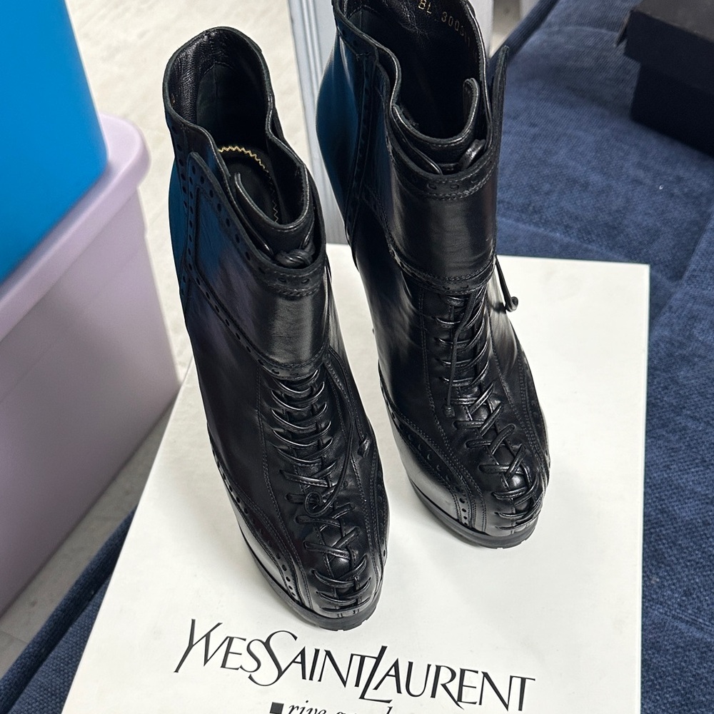 Yves Saint Laurent Black Lace-Up Leather Boots